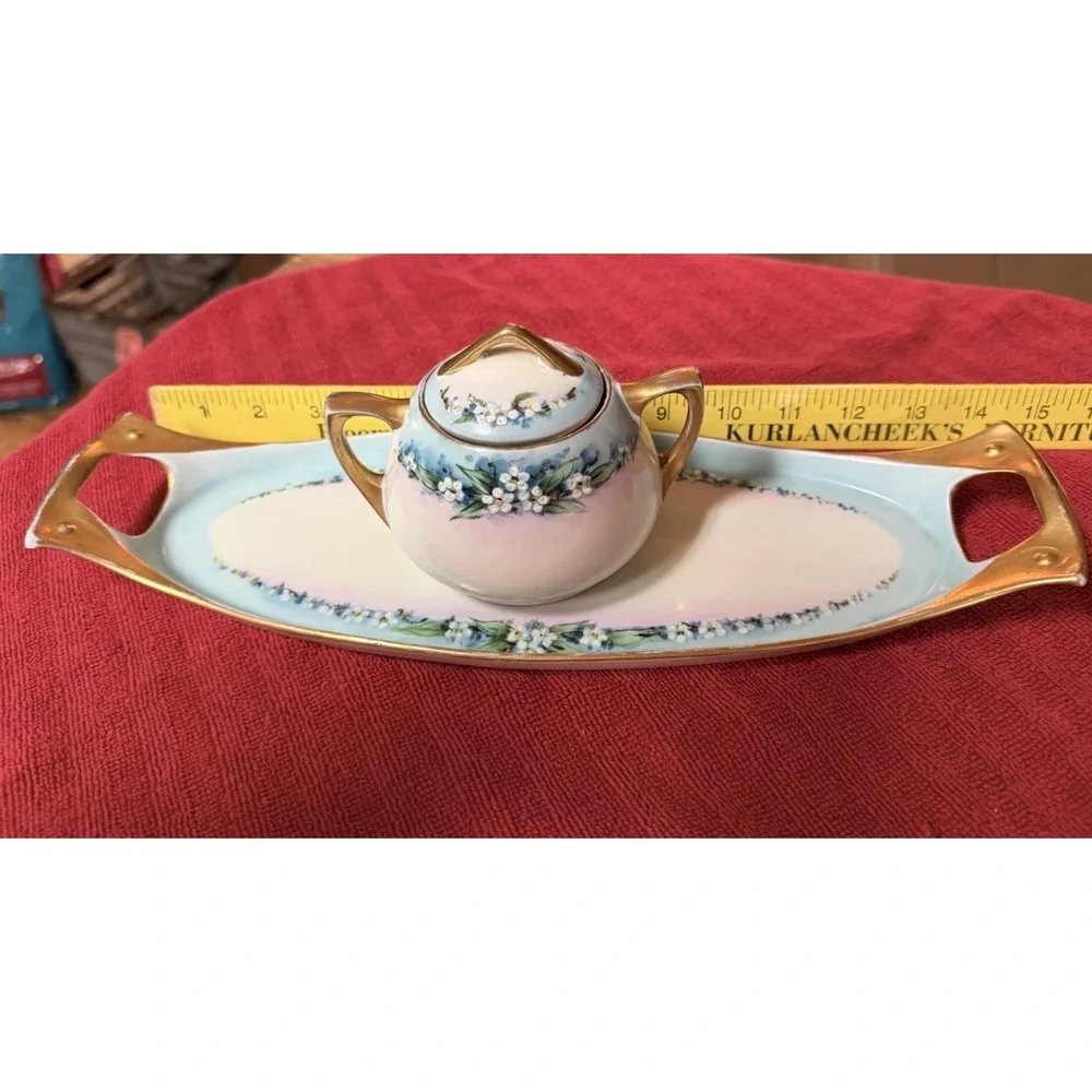 Antique O & E G Royal Austria Hand Painted Sugar Bowl with Lid & Boat Tray